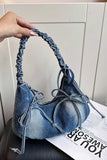 Ruched Handle Drawstring Denim Hobo Bag