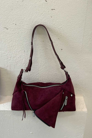 Suede Zipper Detail Slouchy Shoulder Bag