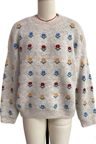 Floral Applique Crew Neck Knit Sweater