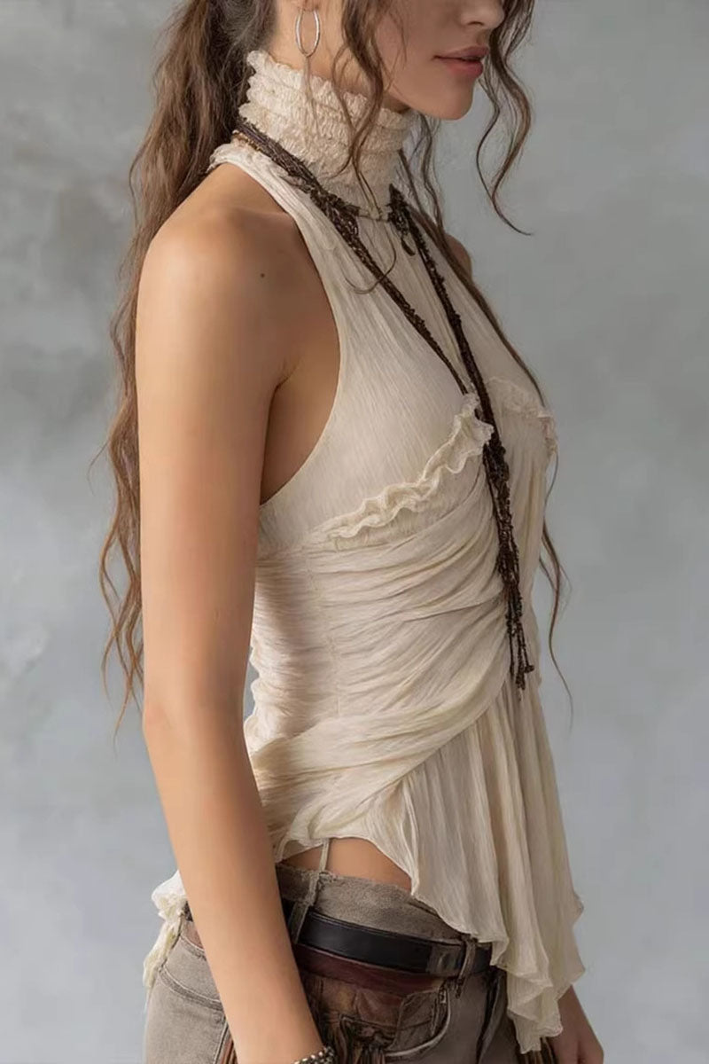High Neck Ruffle Pleated Halter Top