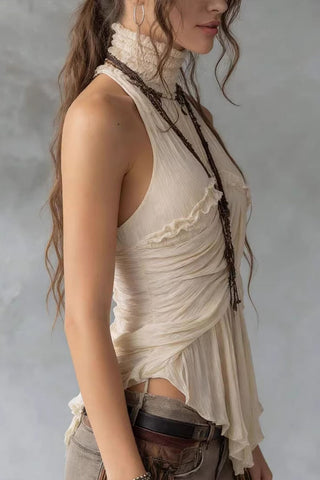 High Neck Ruffle Pleated Halter Top