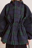 Plaid Puff Sleeve Drawstring Hooded Coat