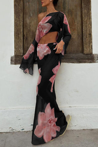 Sheer Floral Off-Shoulder Maxi Skirt Set