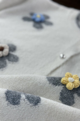 Floral Applique Button-Front Knit Cardigan