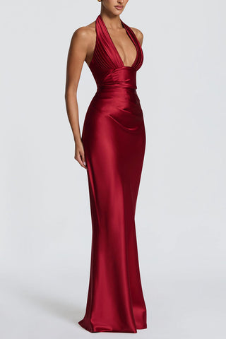 Satin Halter Plunging Mermaid Maxi Dress