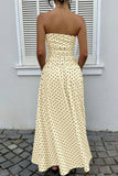 Polka Dot Strapless Ruched Maxi Dress