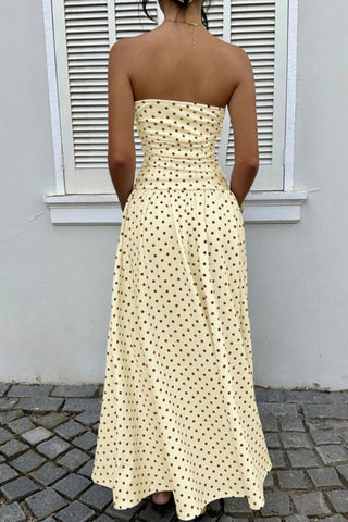 Polka Dot Strapless Ruched Maxi Dress