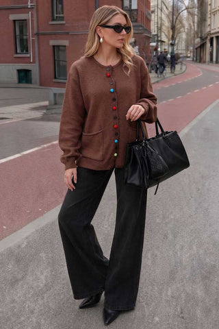 Colorful Button Crew Neck Knit Cardigan
