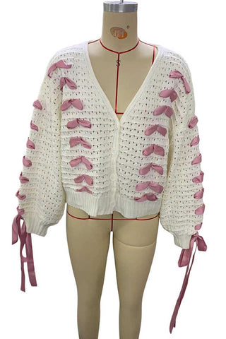 Bow Detail V-Neck Puff Sleeve Cardigan