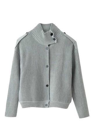 Ribbed Knit Button-Front Mock Neck Cardigan