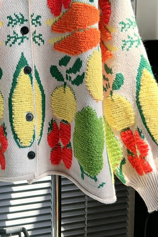 Fruit Print Crew Neck Button Cardigan