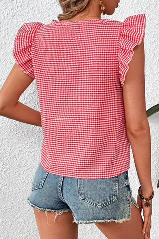 Gingham Ruffle-Sleeve Blouse