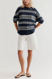 Striped Cable Knit Crew Neck Sweater