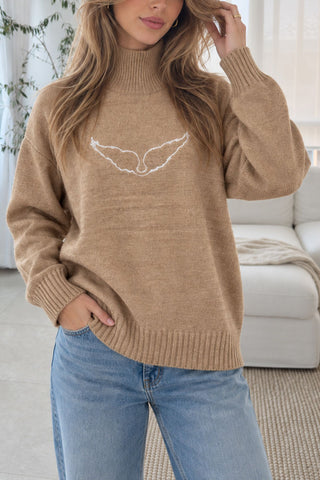 Wing Motif Mock Neck Knit Sweater