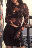 Sheer Mesh Celestial Print Long Sleeve Blouse