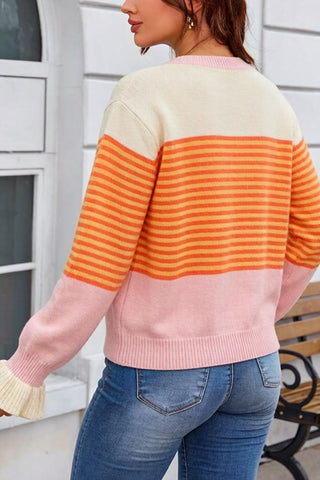 Striped Colorblock Button-Front Knit Cardigan