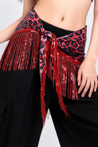 Leopard Sequin Fringe Wrap Belt