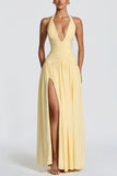 Ruched Halter V-Neck Maxi Casual Dress