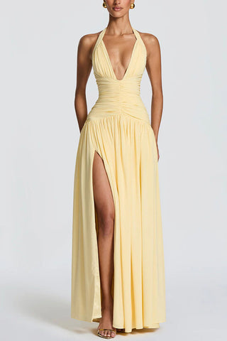 Ruched Halter V-Neck Maxi Casual Dress