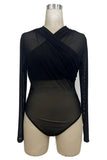 Sheer Mesh Ruched V-Neck Long Sleeve Bodysuit