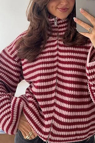 Striped Zip-Up Mock Neck Cardigan