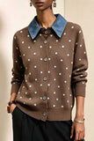 Polka Dot Knit Cardigan with Denim Collar