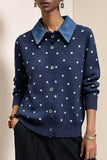 Polka Dot Knit Cardigan with Denim Collar