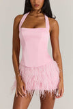 Halter Square Neck Feather Mini Dress