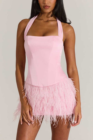 Halter Square Neck Feather Mini Dress