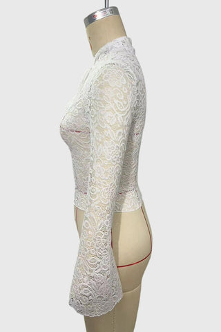 Lace Bell Sleeve Tie Neck Cutout Blouse