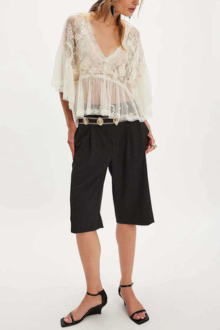 Sheer Lace Bell Sleeve V-Neck Top