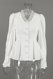 Lace V-Neck Puff Sleeve Button Blouse