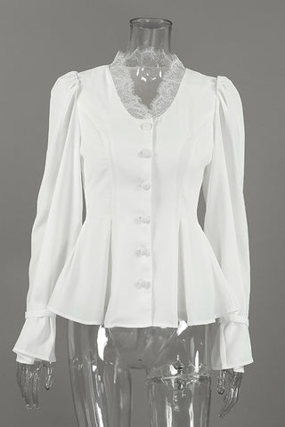 Lace V-Neck Puff Sleeve Button Blouse
