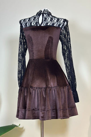 Lace Sleeve Mock Neck Velvet Mini Dress