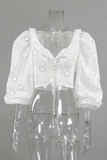 Lace Puff Sleeve Lace-Up Crop Top