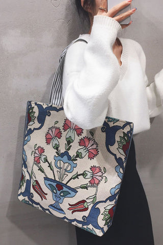 Floral Striped Handle Tote Bag