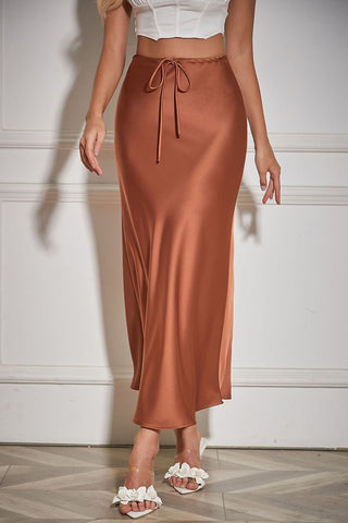 Satin Drawstring Waist Slip Midi Skirt