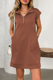 Zip-Neck Casual Dress with Cap Sleeves