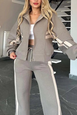 Striped Zip-Up Crop Top and Pants Set