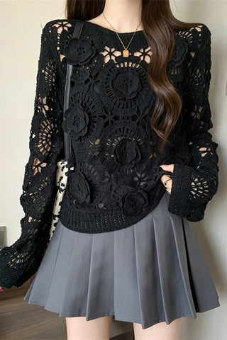 Floral Crochet Long Sleeve Cover-Up
