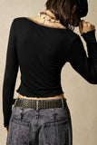 Lace Trim V-Neck Long Sleeve Top