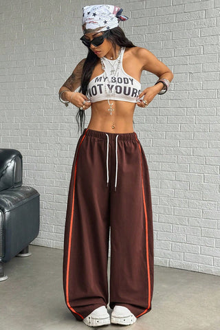 Side Stripe Drawstring Wide-Leg Casual Pants
