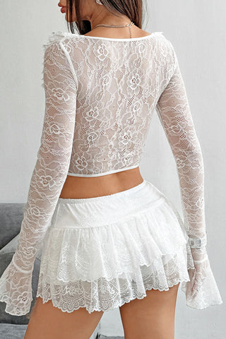 Ruffle Sweetheart Neck Lace Bell Sleeve Blouse