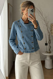 Double-Breasted Collarless Denim Jacket