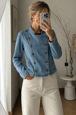 Double-Breasted Collarless Denim Jacket