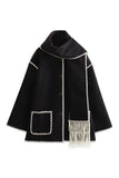 Contrast Trim Fringe Hem Cape Coat