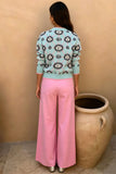 Sun Print Knit Cardigan and Wide-Leg Pants Set