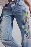 Distressed Paint-Splatter Straight Jeans