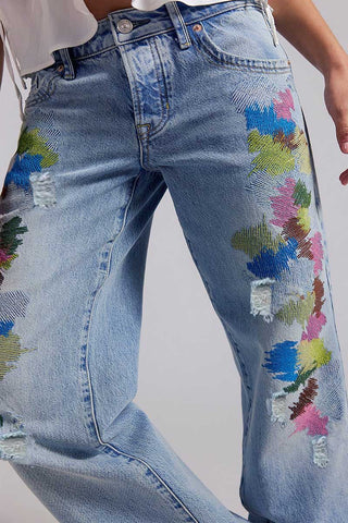 Distressed Paint-Splatter Straight Jeans