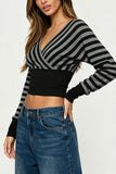 Striped Wrap V-Neck Long Sleeve Crop Blouse